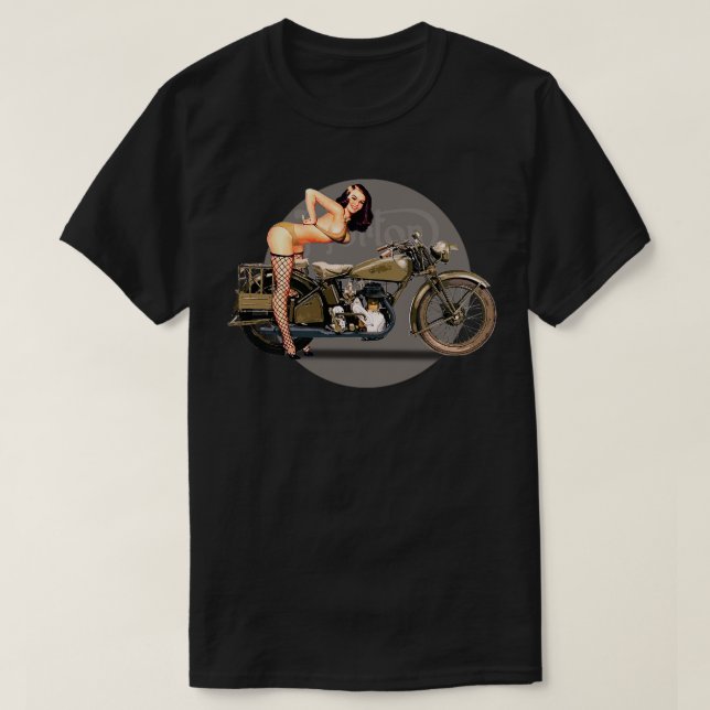Pinup girl Norton 16H motorcycle retro WW2 T-Shirt (Design Front)