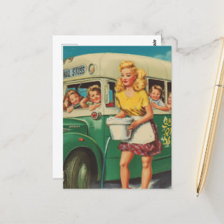 Pinup Retro Woman Washing a School Bus Postcard