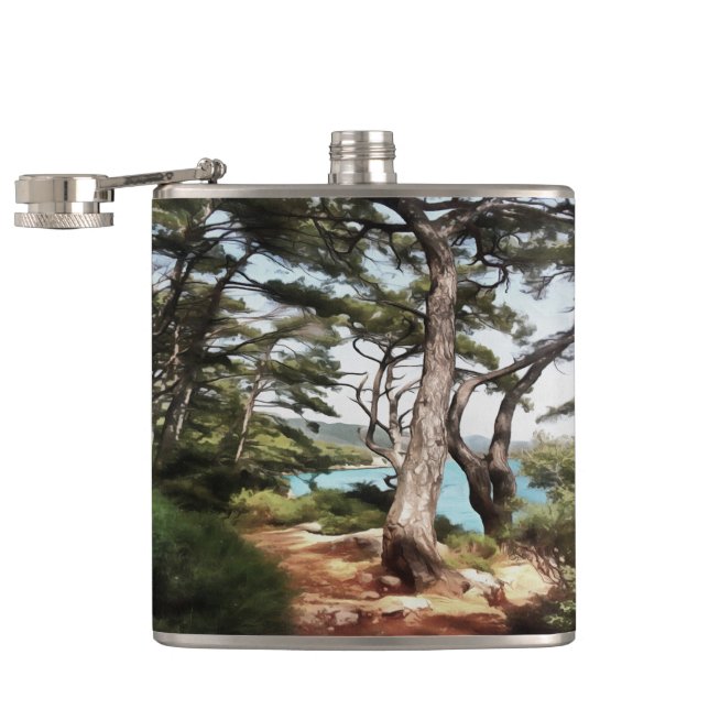 Pinus pinea Pine Tree Forest Painting  Hip Flask (Opened)