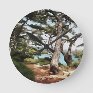 Pinus pinea Pine Tree Forest Painting Round Clock