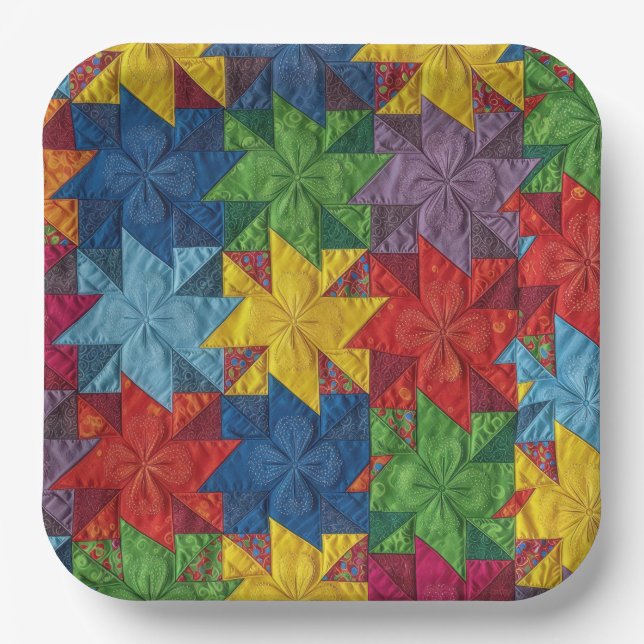 Pinwheel Patchwork Quilt Pattern Paper Plate (Front)