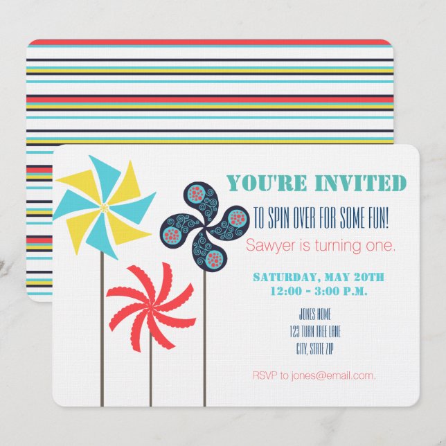 Pinwheel Themed Birthday Invitation - Colourful (Front/Back)