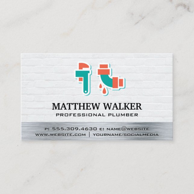Pipe Wrench and Leaky Pipe Icon Business Card (Front)