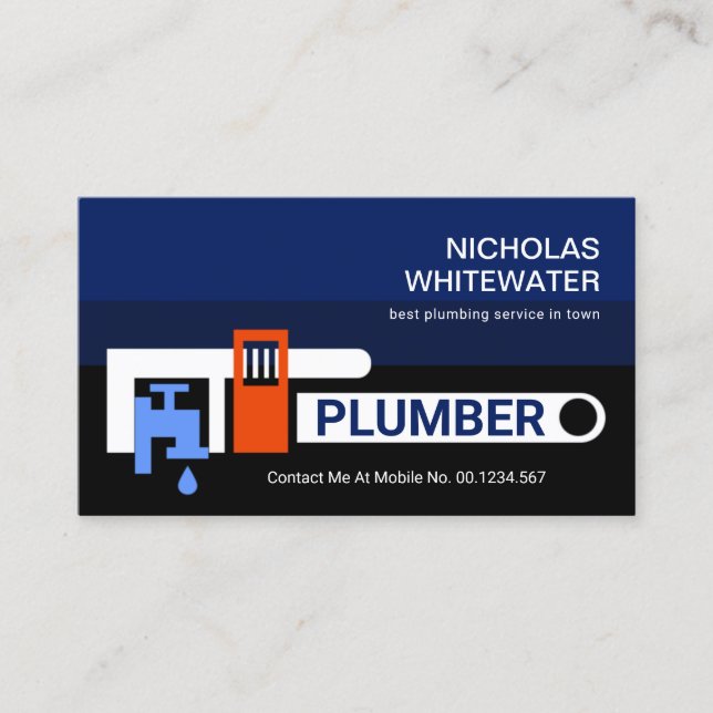 Pipe Wrench Blue Water Plumbing Business Card (Front)