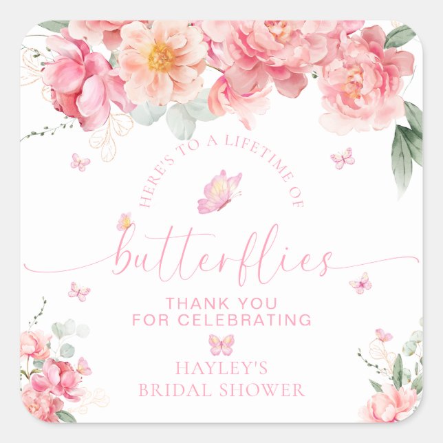 Piper Peony Butterfly Bridal Shower Favour Square Sticker (Front)