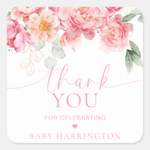 Piper Peony Floral Baby Shower Thank You Favor Square Sticker