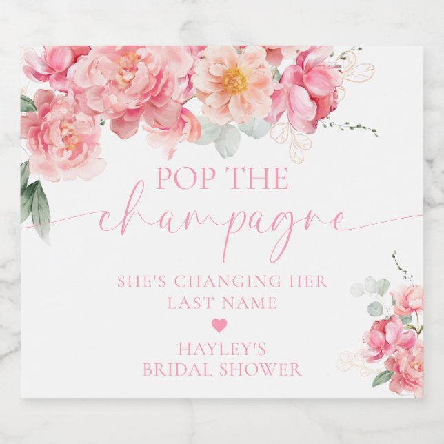 Piper Peony Floral Pop the Champagne Bridal Shower Sparkling Wine Label (Single Label)