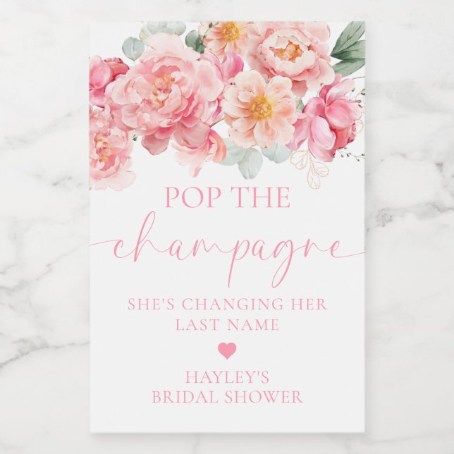 Piper Peony Floral Pop The Champagne Bridal Shower Wine Label (Single Label)