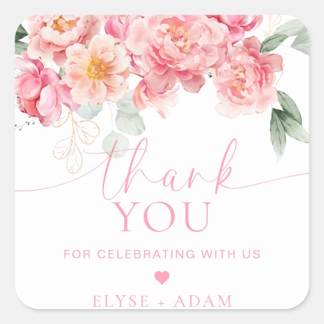 Piper Peony Floral Thank You Favour Square Sticker (Front)