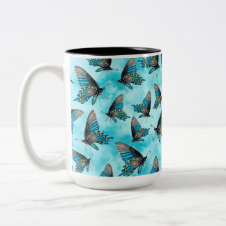 Pipevine Swallowtail Butterfly Aqua Clouds Two-Tone Coffee Mug