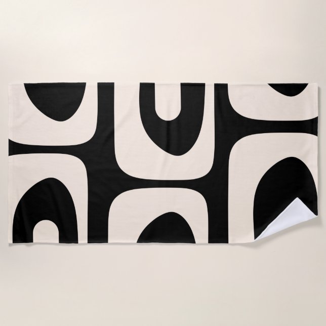 Piquet Midcentury Abstract Minimal Black and Cream Beach Towel (Front)