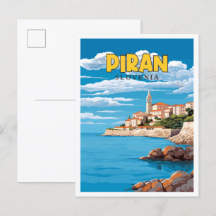 Piran Slovenia vintage travel illustration Postcard