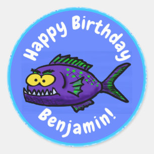 Piranha fish cartoon classic round sticker