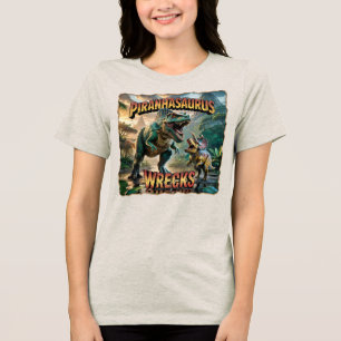 Piranhasaurus Wrecks Illustration – Funny Scary Tri-Blend Shirt