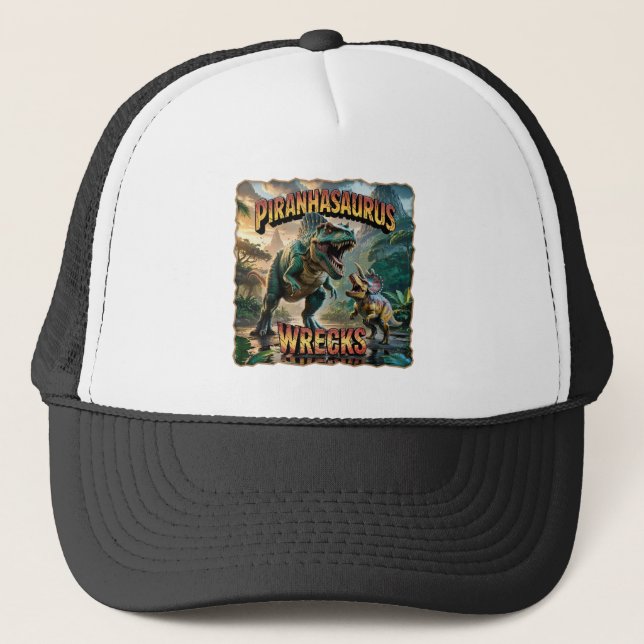 Piranhasaurus Wrecks Illustration – Funny Scary Trucker Hat (Front)