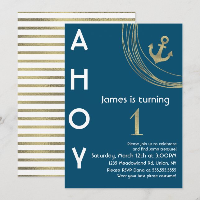 Pirate 1st Birthday Faux Gold Anchor Nautical Invi Invitation (Front/Back)