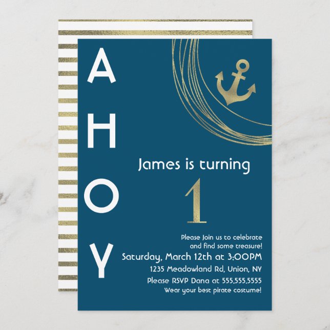 Pirate 1st Birthday Faux Gold Anchor Nautical Invitation (Front/Back)