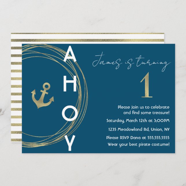 Pirate 1st Birthday Faux Gold Anchor Nautical  Invitation (Front/Back)