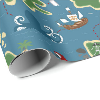 Pirate Adventure Treasure Map Blue Wrapping Paper
