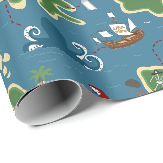 Pirate Adventure Treasure Map Blue Wrapping Paper (Roll Corner)