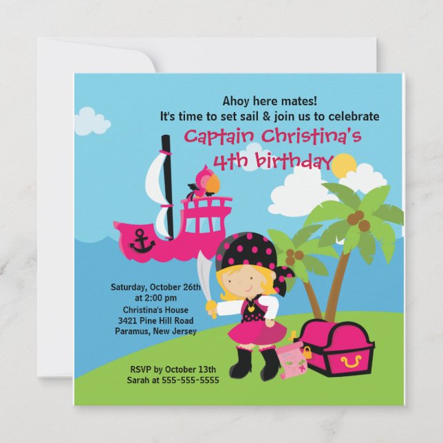 Pirate Ahoy Mates Birthday Party Invitation Girl (Front)