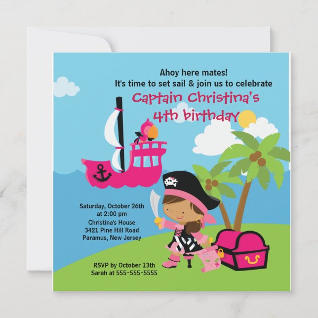 Pirate Ahoy Mates Birthday Party Invitation Girl (Front)