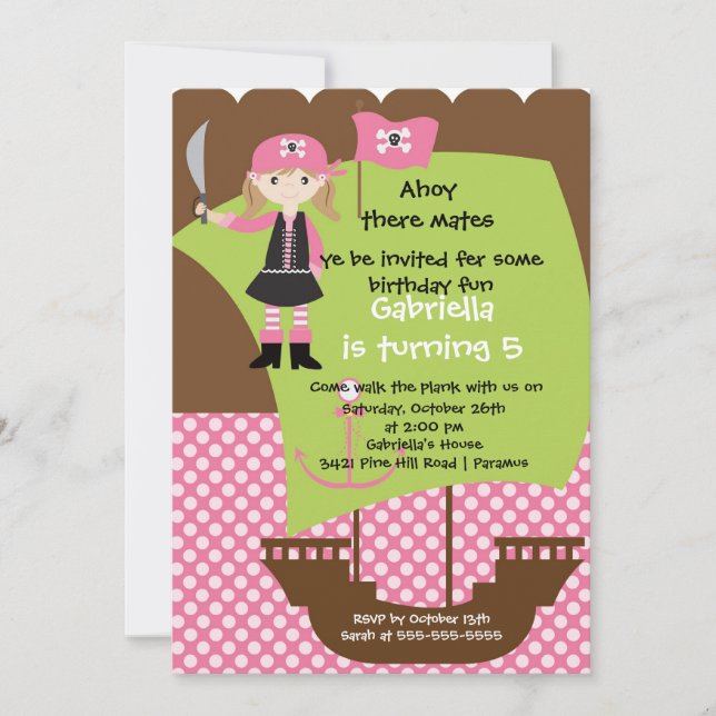 Pirate Ahoy Mates Birthday Party Invitation Girl (Front)