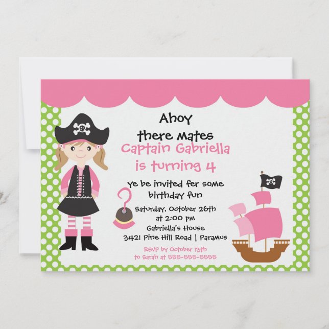 Pirate Ahoy Mates Birthday Party Invitation Girl (Front)