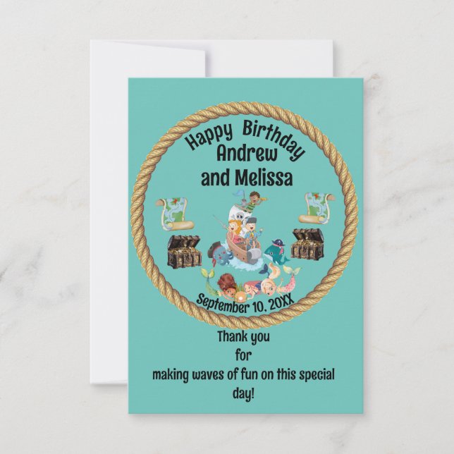 Pirate and Mermaid Birthday for Children Thank You Card (Front)