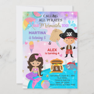 Pirate and Mermaid siblings birthday invite. Invit Invitation