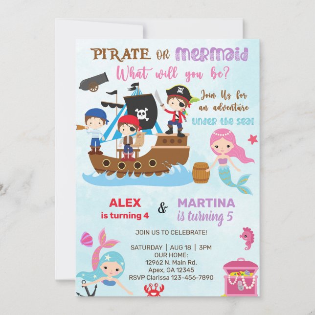 Pirate and Mermaid siblings birthday invite. Invit Invitation (Front)