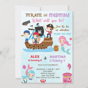 Pirate and Mermaid siblings birthday invite. Invit Invitation