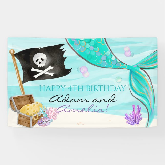 Pirate and Mermaid Tail joint Birthday Banner (Horizontal)