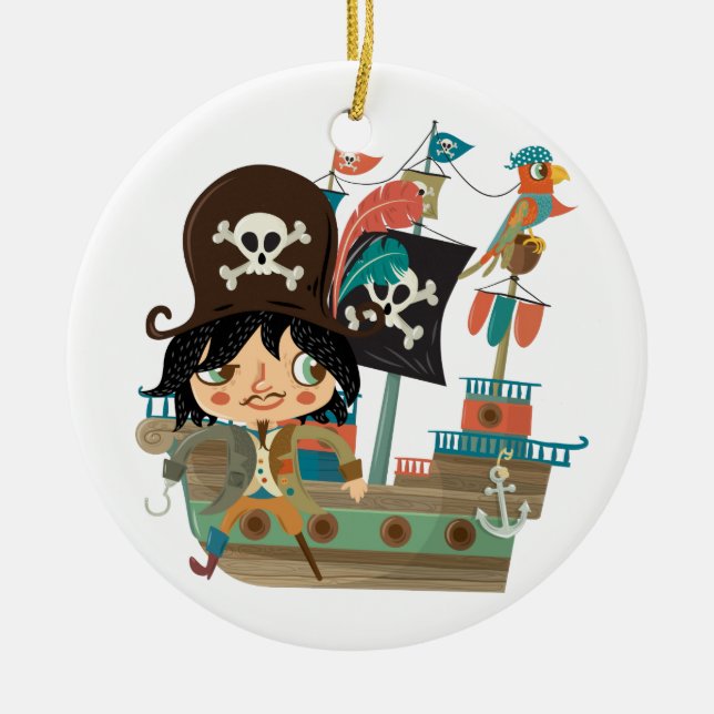 Pirate and Pirate Ship Ceramic Tree Decoration (Front)