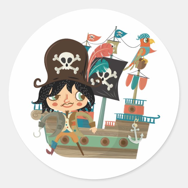 Pirate and Pirate Ship Classic Round Sticker (Front)