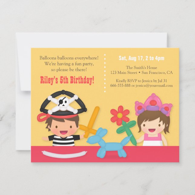 Pirate and Princess Balloon Kids Birthday Party Invitation (Front)