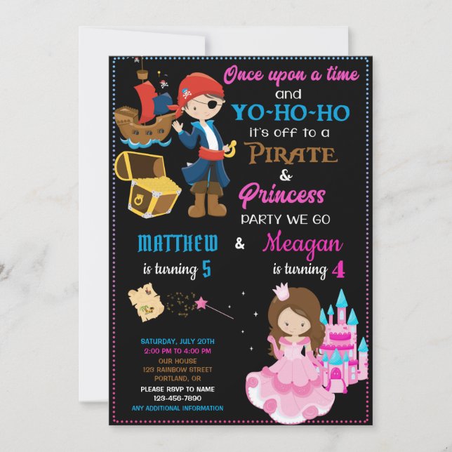 Pirate and Princess birthday invitation Two theme (Front)