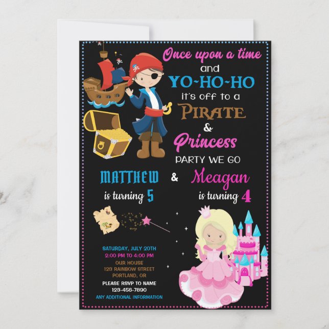 Pirate and Princess birthday invitation Two theme (Front)