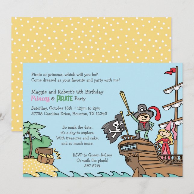 Pirate and Princess Party Treasure Twins Royal Fun Invitation (Front/Back)