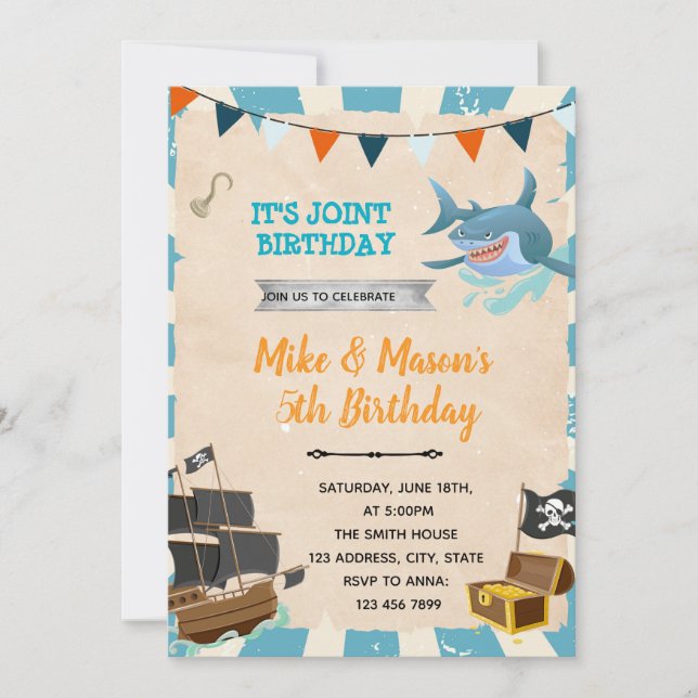 Pirate and shark birthday party invitation (Front)