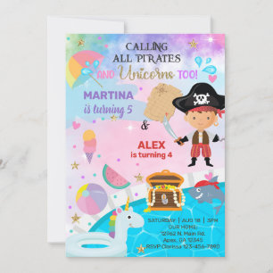 Pirate and Unicorn siblings birthday invite. Invitation