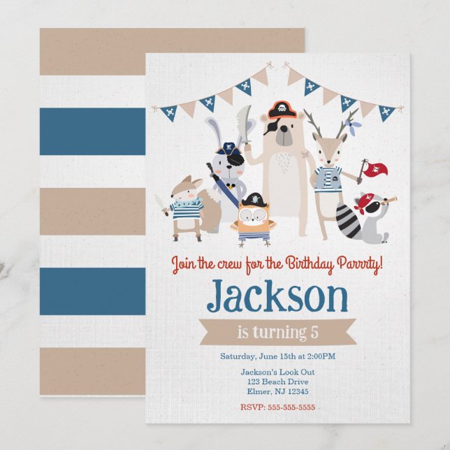 Pirate Animals Themed Birthday Party Invitation (Front/Back)