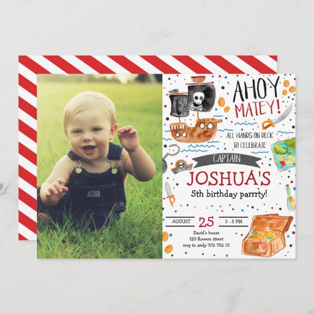Pirate Birthday Ahoy Pirate Boy Party with Photo Invitation (Front/Back)