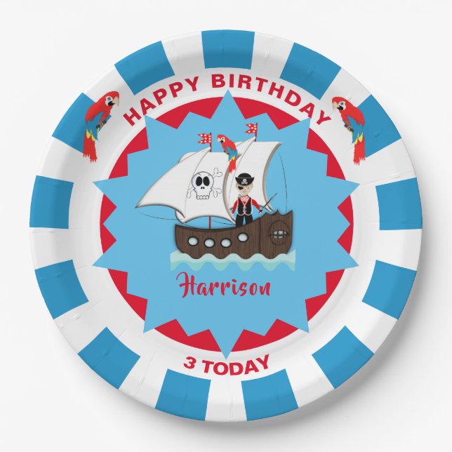 Pirate Birthday Cute Ship Kids Personalised  Paper Plate (Front)