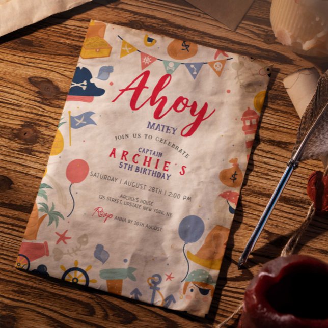Pirate birthday party Ahoy matey Boy  Invitation (Ahoy Pirate Birthday Invitation Template Editable Digital)