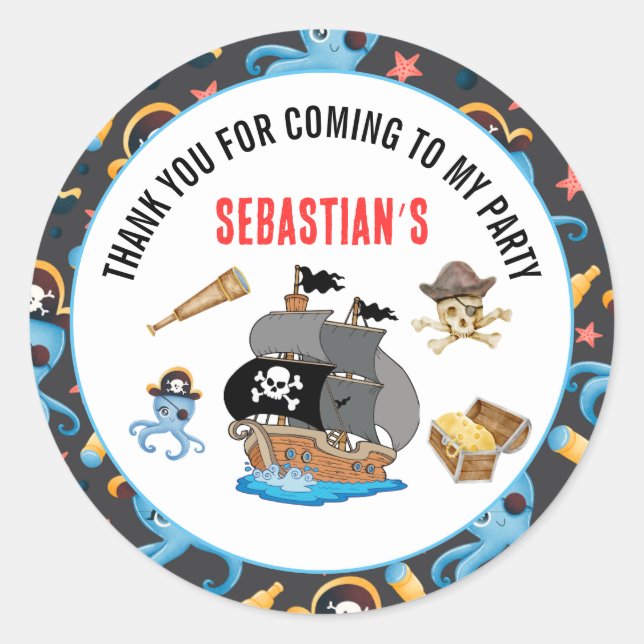 pirate birthday party classic round sticker (Front)