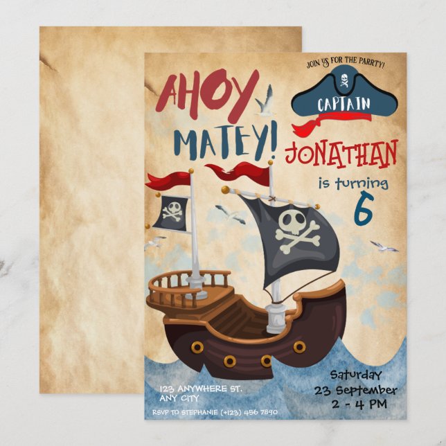 Pirate Birthday Party Watercolor Invitation (Front/Back)