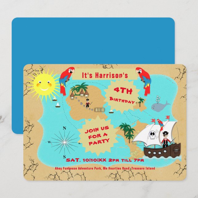Pirate Birthday Treasure Map Ship Cute  Invitation (Front/Back)