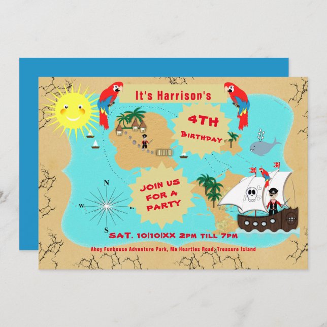 Pirate Birthday Treasure Map Ship Cute  Invitation (Front/Back)