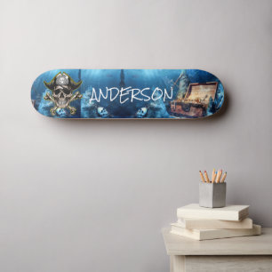 Pirate Blue Skull & Cross Swords Personalised Sk Skateboard